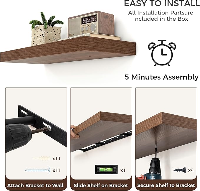 Floating Shelves for Wall, Engineered Wood Wall Shelves with Invisible Brackets for Living Room Bedroom Bathroom Office Kitchen Decor and Storage (Walnut, 55" W x 9" D x 1.5" H) Set of 1