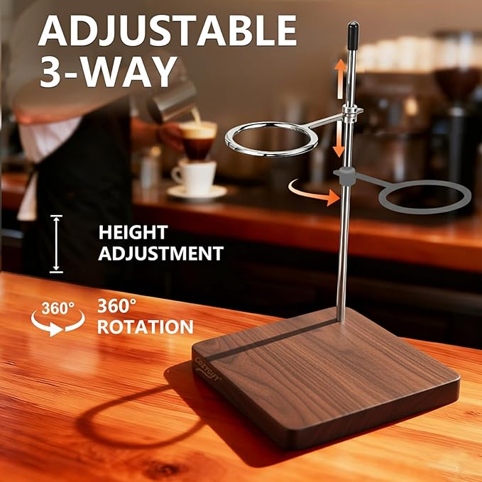 Pour Over Coffee Stand, North American Black Walnut Base with Stainless Steel Single-Arm Ring, Rotating Dripper Stand Fits 1-2 Cup V60 Brewers, Mugs and Carafes for Home Coffee Bar Setup
