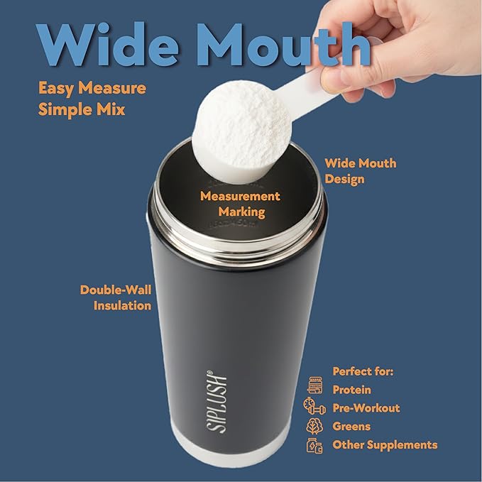 Paradise Shaker Bottle, 24 oz Insulated Stainless Steel Protein Shaker with Lid Brush & Protective Boot, Leakproof Twist-Off Cap, Onyx Silver with Mirror-Finish Bottom, Hollywood Noir