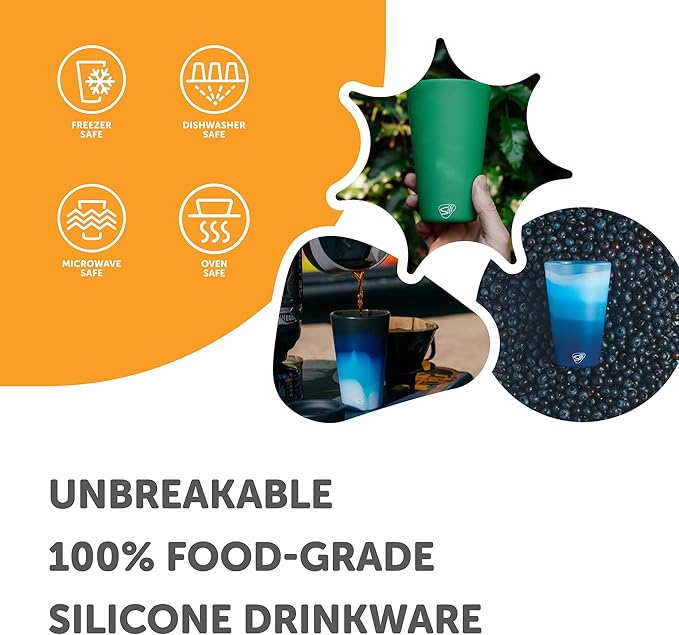 Silipint 16oz Silicone Pint Glass – Unbreakable BPA-Free Reusable Silicone Drinking Cup – Flexible Dishwasher Microwave & Freezer Safe – Stemless Glass for Water Coffee Smoothies (Evergreen)