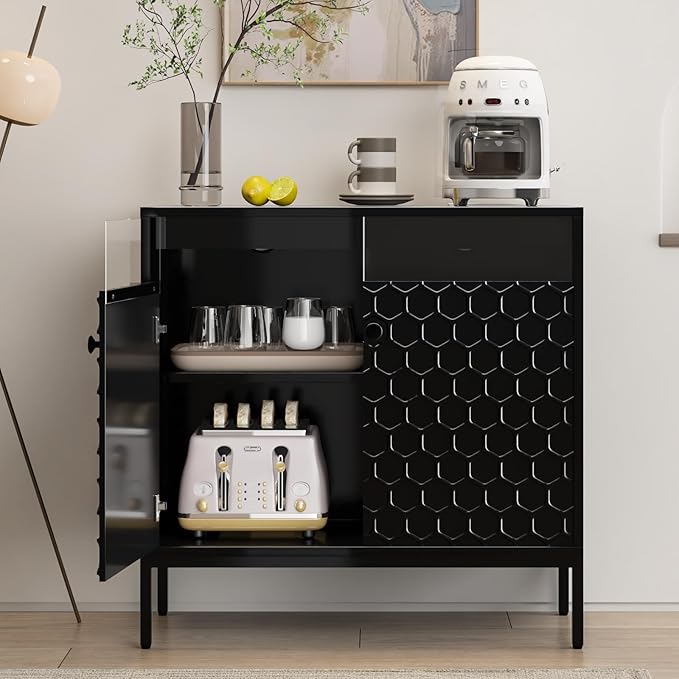 Sideboard Buffet Cabinet 31'' with Storage and Power Outlet, Modern Coffee Bar Accent Cabinet with 2 Doors and Adjustable Shelves, Console Table for Dining Room, Living Room, Kitchen, Black