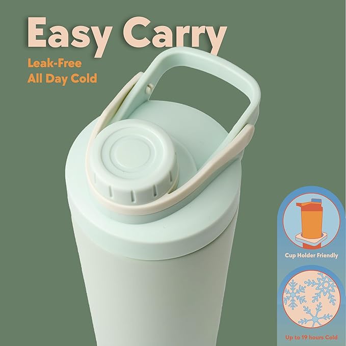 Paradise Shaker Bottle 24 oz, Insulated Stainless Steel Protein Shaker, Dishwasher Safe, with Lid Brush & Protective Boot, Leakproof Twist-Off Chug Cap, Sage Green, Tahoe Mist