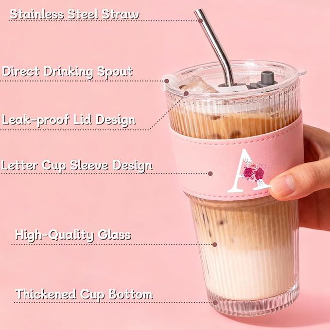 Personalized Gifts for Women,20oz Ribbed Glass Tumbler,Monogrammed Gifts for Women,Birthday Gift,Ice Coffee Mug,Christmas Gift for Mom Sister-A
