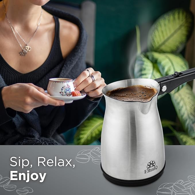 ETHNIQ Turkish Coffee Pot - Stainless Steel, 120V, 1 to 4 Cup Capacity, Coffee Maker with Foldable Handle for Home & Travel & on-off Button (Slow Brew)