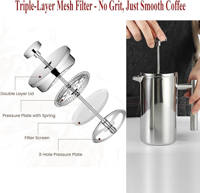 French Press Coffee Maker, 12 Oz Stainless Steel, Triple Mesh Filter, Double Wall Insulated, for Coffee & Tea, Portable for Home, Office, Camping & Travel