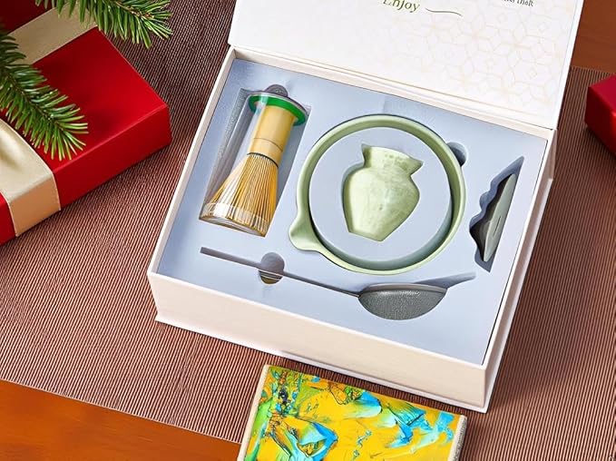 Matcha Whisk Set 8Pcs – BeSoothe Premium Japanese Tea Ceremony Kit, 8 Pcs with Spout Bowl, Bamboo Whisk & Holder, Scoop, Sifter, Tea Towel – Magnetic Gift Box for Matcha Lovers