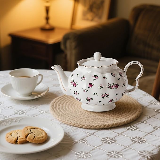 Floral Teapot with Infuser, 33oz, Ceramic Tea Pot with Tea Strainers for Loose Leaf Tea, Rose Teapots for Tea Party, New Bone Porcelain Teapot