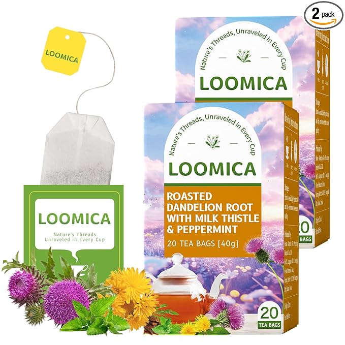 LOOMICA Roasted Dandelion Root with Milk Thistle & Peppermint, Caffeine Free, with Toasted Nutty Flavor, Wellness Support Herbal Blend, Coffee Alternative, Bold & Smooth, 20 Counts (Pack of 2)