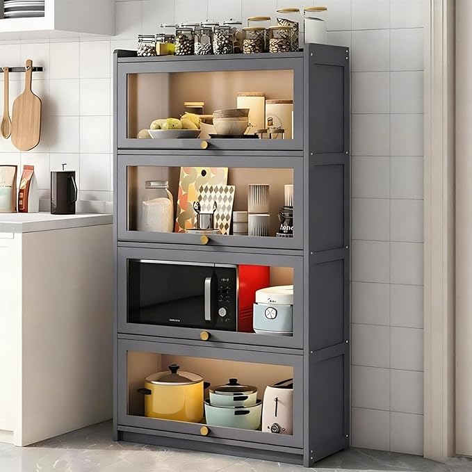 Kitchen Pantry Cabinet, Kitchen Storage Cabinets with Door, 55" Tall Pantries Cabinet & Cupboard for Kitchen, Dining Room, Living Room, Bamboo, Grey