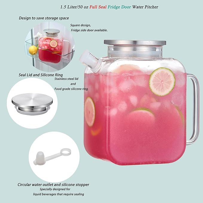 Purefold 1.5 Liter/50 oz Water Pitcher, High Borosilicate Glass Jug with Full Seal Lid and Spout, Leakproof Fridge Door Carafe for Iced Tea, Coffee, Juice, Milk Beverage