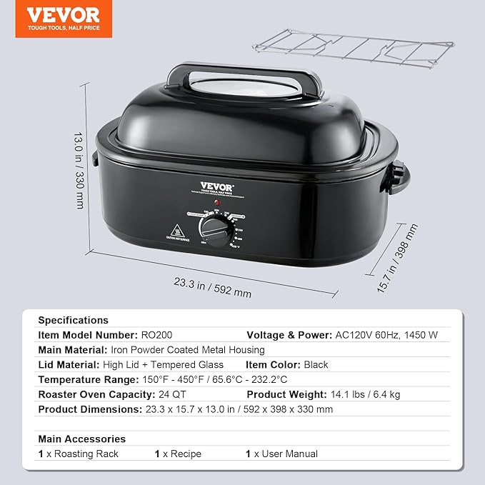 VEVOR Electric Roaster Oven with Defrost & Warm Function, 24 QT Turkey Roaster Oven with Self-Basting Lid, 1450W, Adjustable Temp, Removable Pan & Rack, Fits Turkeys Up to 28LBS, Black