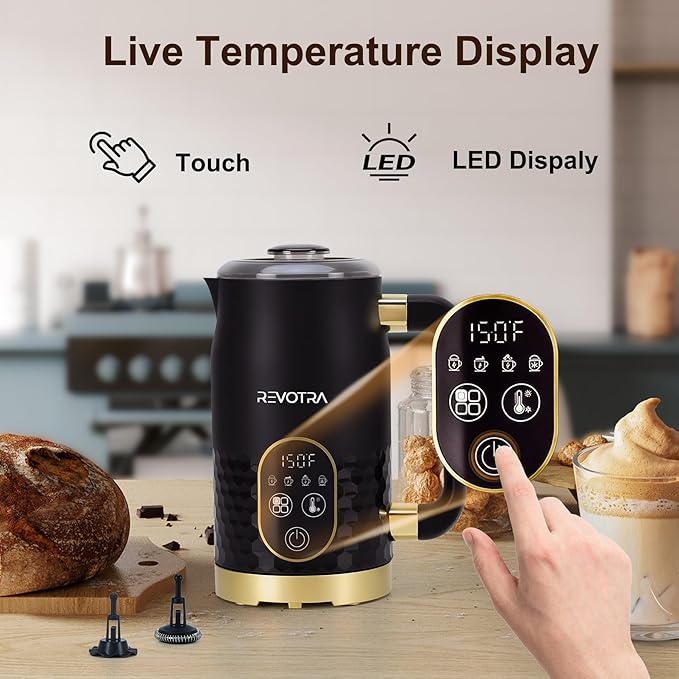 Milk Frother with LED Touchscreen & Temp Display, 4-in-1 Electric Milk Steamer for Hot & Cold Foam, Adjustable Temperature, Silent Frothing, Non-Stick Coating for Coffee, Latte, Hot Chocolate