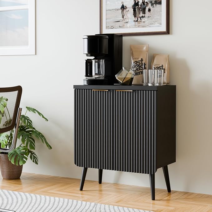Sideboard Buffet Cabinet with Storage, Modern Fluted Accent Credenza with 2 Doors, Buffet Table Media Console Cabinet Entryway Cabinets for Living Room Kitchen Dining Room Hallway, Black