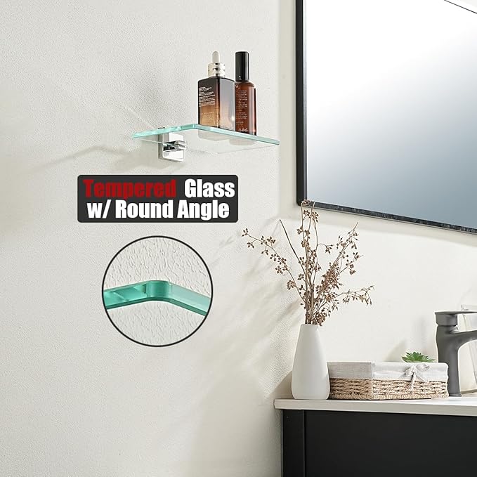 JQK Bathroom Glass Shelf Chrome, Tempered Glass Shower Storage 8 by 5 inches, 304 Stainless Steel Polished Chrome Wall Mount, TGS201L8-CH