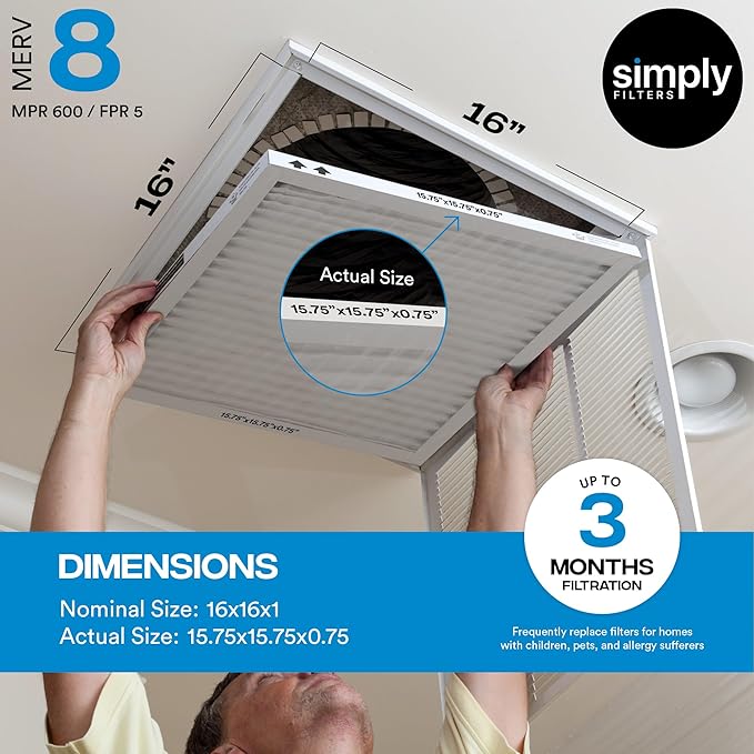 Simply 16x16x1 Air Filter, Merv 8, MPR 600, 6 Pack, Furnace Air Filter for HVAC (Actual Size: 15.75"x15.75"x0.75") DUST, Pet, & Allergy Control
