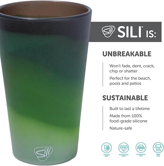 Silipint 16oz Silicone Pint Glass – Unbreakable BPA-Free Reusable Silicone Drinking Cup – Flexible Dishwasher Microwave & Freezer Safe – Stemless Glass for Water Coffee Smoothies (Evergreen)