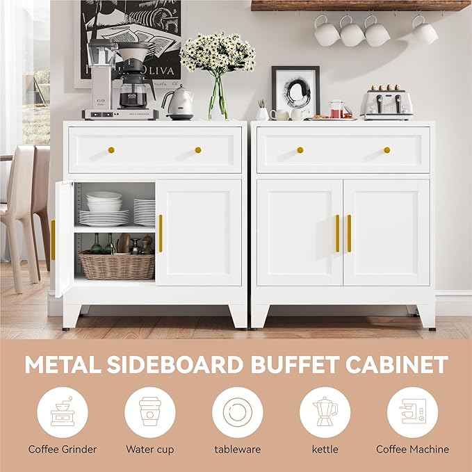 Small Metal Storage Cabinet with Drawer, 35.4" Freestanding Sideboard Cabinets with 2 Doors and Adjustable Shelf, Metal Accent Cabient for Home Office, Dining Room, Living Room, Bathroom, Entryway