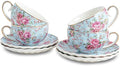 Tea Cup and Saucers, 6.4oz Floral Tea Cups with Gold Trim, Porcelain Teacup, Coffee Cappuccino Espresso Latte Mugs for Party Birthday,Party Cafe Home, Christmas Gift (Blue)