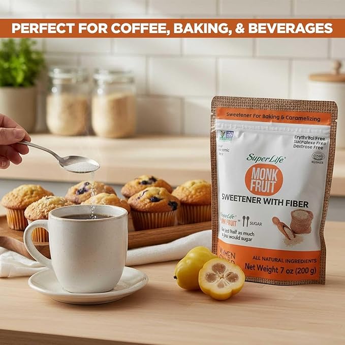 Super Life Monk Fruit Sweetener with Fiber – Low-Glycemic Index, Diabetic-Safe & Erythritol-Free Sugar Alternative for Baking, Beverages & Caramelizing | Non-GMO, Low-Calorie, Keto & Low GI Food – 7oz / 200g