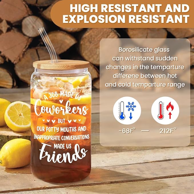 SANDJEST Coworker Gift for Women - 16oz Can Glass Coffee Cup - Funny Work Bestie Gift - Farewell Going Away Present for Female Colleagues and Friends