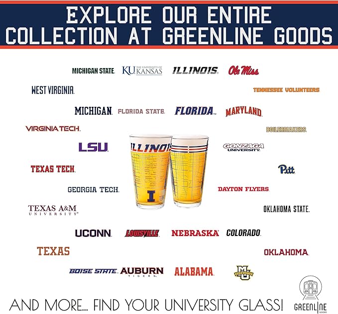 Greenline Goods – Illinois College Pint Beer Glasses (Set of 2), 16 oz – Full‑Color Logo + Campus Map