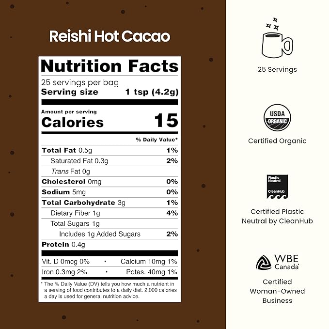 Blume Superfood Latte - Reishi Hot Cacao Powder, Mushroom Powder, Soothing Superfoods, Latte with Brain support, Organic Cocoa Mushroom Coffee Enhancer - Organic, Vegan And Keto Friendly - 25 Servings