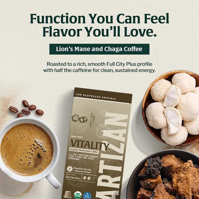 Artizan Organic Lion’s Mane & Chaga Mushroom Coffee Pods for Nespresso Original Line | Cognitive Clarity + Immune Power | 10 Compostable Espresso Capsules