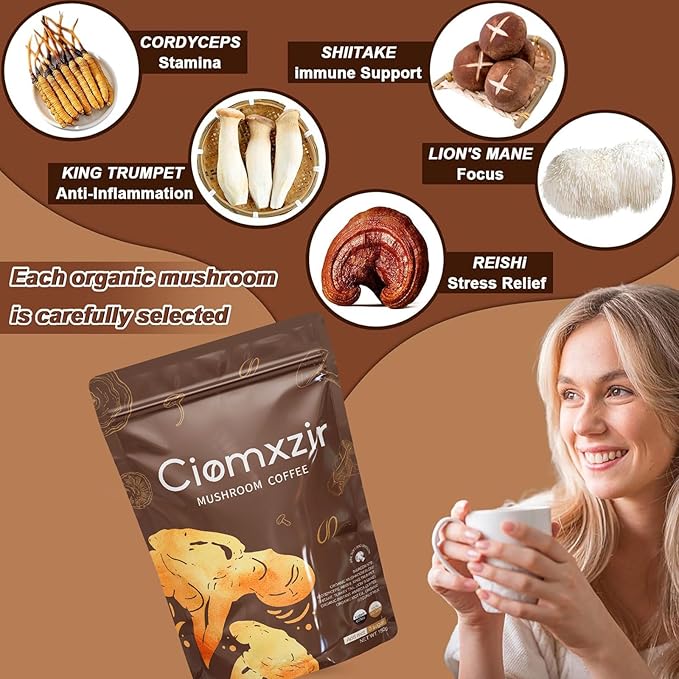 Mushroom Coffee, Instant Organic Mushroom Coffee with Cordyceps, Reish, Turkey Tail, Lions Mane for Energy, King Trumpet, Shitake, Focus,Positive Mood & Immune Support (30 Servings)