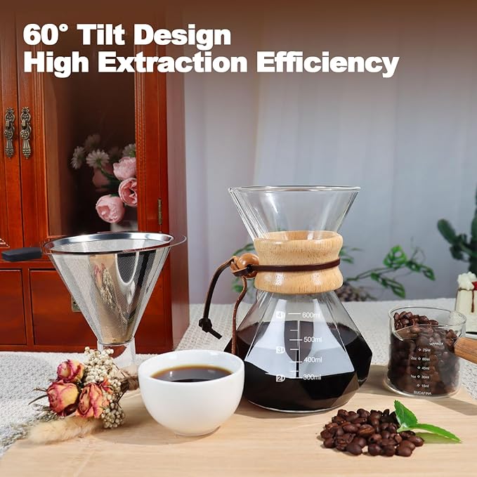 Pour Over Coffee Pot Set 600ml 20.3oz Features 304 Stainless Steel Filter Glass Coffee Pot with High Borosilicate Glass Duckbill Spout Design Solid Wood Handle Pour Over Coffee Daily Brewing