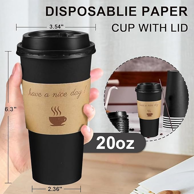 50 Pack 20 oz Coffee Cups with Lids, Disposable To Go Paper Coffee Cups with Sleeves and Stirring Sticks for Hot/Cold Drinks Office Home Shop Event (Black)