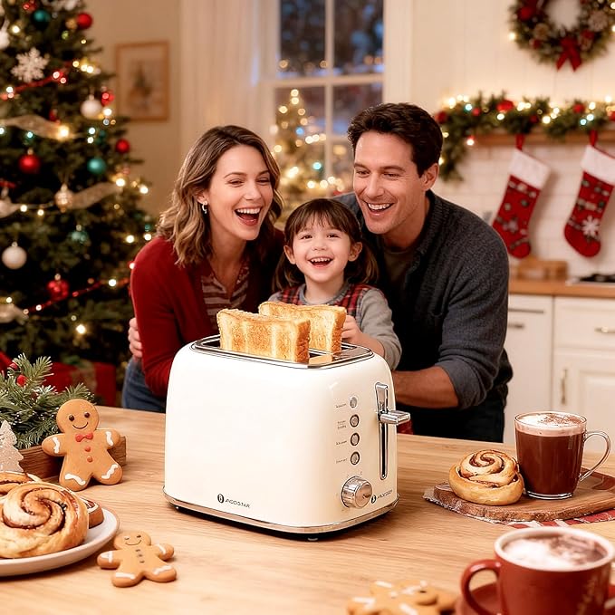Aigostar Toaster 2 Slice, Retro Extra-Wide Slot Toasters Best Rated Prime for Toasting Bagels, Breads, Waffles & More, Cancel, Defrost & 6 Browning, Removable Crumb Tray, Stainless Steel, Cream White