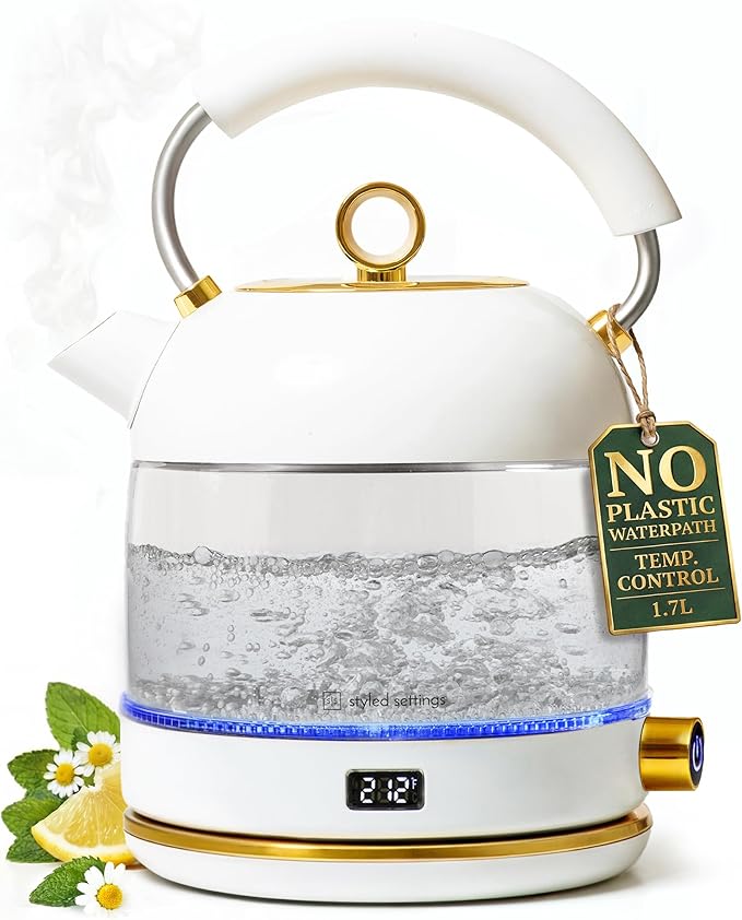 White Electric Tea Kettle with Temperature Control - 1500W Fast Hot Water Boiler and Warmer - White and Gold Electric Kettle with Keep Warm Function, BPA-Free Glass Body, Stylish Design, Auto Shut-Off