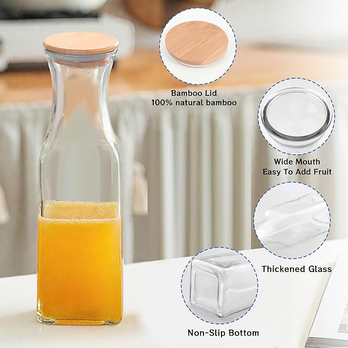 35 Oz Square Glass Carafe with Bamboo Lid, Beverage Dispensers, Mimosa Bar Supplies, Clear Glass Pitcher with Name Labels for Iced Tea, Coffee,Juice(Pack of 4)