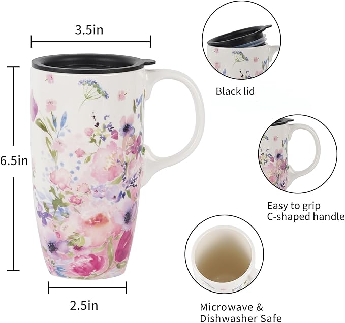 Topadorn Ceramic Coffee Mug for Home & Office, 17oz. Porcelain Latte Travel Cup with Lid and Color Box, Pink Flower Art Tea Mug with Handle, 6.5" H