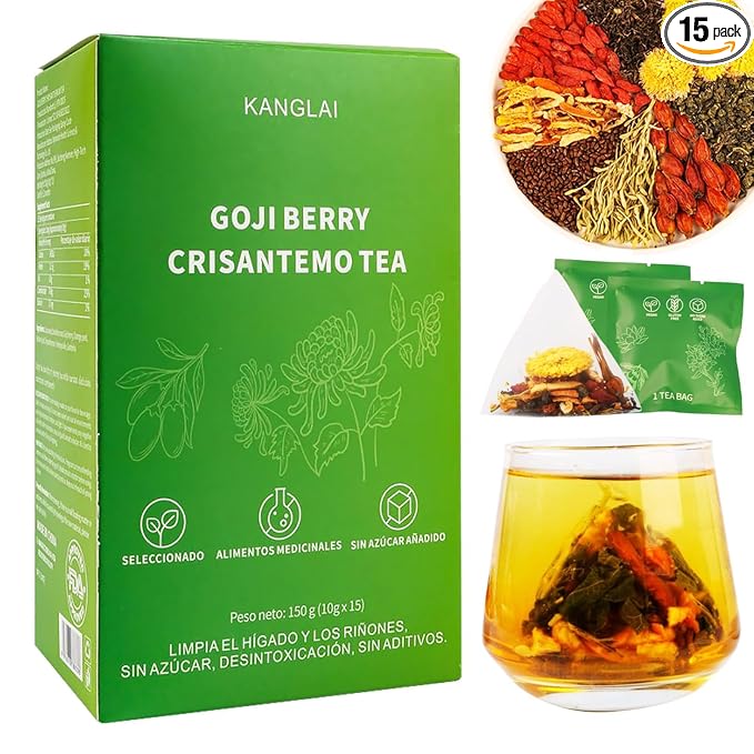 Chrysanthemum Goji Berry Liver Support Tea, Authentic Chinese Herbal Ingredients (Dandelion/Cassia Seed/Gardenia), Tea Bags, Vegan, Sugar-Free & Caffeine-Free,15 Count