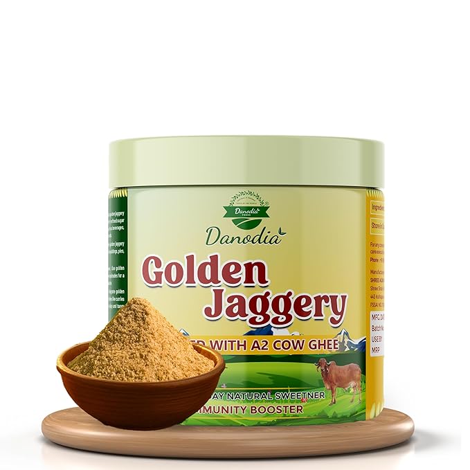 Danodia Foods Golden Jaggery with A2 Cow Ghee, 14.1 oz (400 g) | Cane Juice Jaggery Infused with Pure A2 Ghee | Rich Caramel-Butter Taste for Coffee, Tea, Baking, Desserts