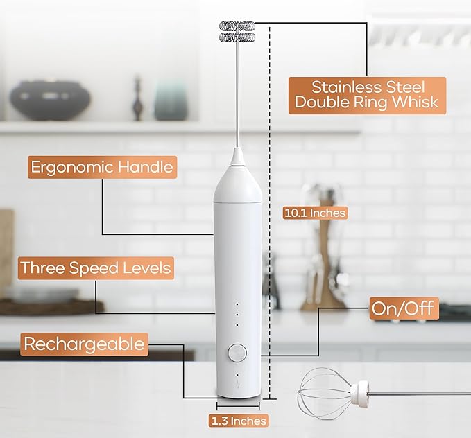 Handheld Milk Frother Wand Rechargeable with Stand - Double Whisk Milk Frother Handheld -3 Speed Levels- Coffee Stirrers Electric Drink Mixer - Coffee Frother Handheld