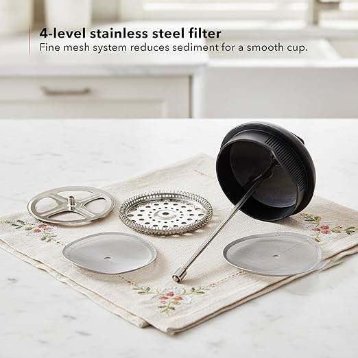 OVENTE French Press Coffee Maker 20 Ounce with Heat Resistant Borosilicate Glass & Stainless Steel 4-Level Filtration System, Portable Cold Brew Coffee Maker for Travel, Camping or Gift, Black FPB20B