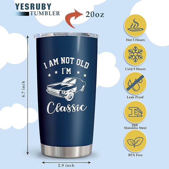 Birthday Gifts for Men/Him, Gifts for Dad Grandpa Husband Coffee Tumbler Cup Mug Stainless Steel 20oz 1PC, Birthday Gag Funny Unique Presents for Men, I'm Not Old I'm Classic