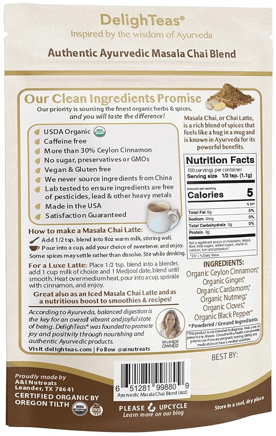 DelighTeas Organic Masala Chai Powder | Caffeine free, Unsweetened, Vegan, Keto | Ayurvedic Digestive Support blend for Chai Spice Tea | 100 Servings, 4oz