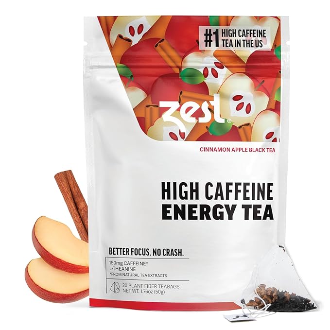 Zest Cinnamon Apple Spice Energy Tea – High Caffeine Black Tea Bags for Focus, Clarity & Morning Energy – Natural Non-GMO Caffeinated Breakfast Tea – Cozy Fall Focus Tea with 150mg Caf – 20Ct Pack