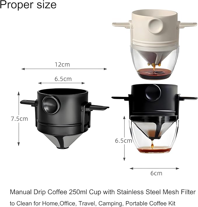 Pour Over Coffee Maker, Manual Drip Coffee 250ml Cup with Stainless Steel Mesh Filter, to Clean for Home,Office, Travel, Camping, Portable Coffee Kit, Black