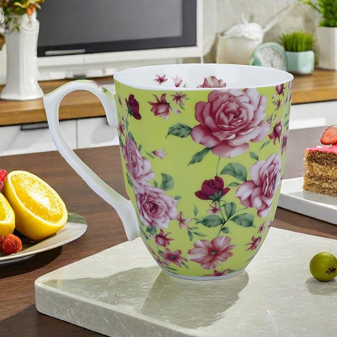 14oz Bone China Coffee Mugs for Women Floral Coffee Mug Tea Cups Novetly Coffee Cups Gift for Women Mom Friends (Sunny yellow rose)