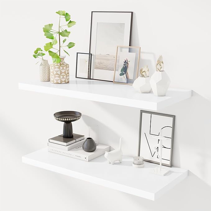 Dreamland 32" Floating Shelves for Wall, 12" Deep Slim White Floating Shelves, Wall-Mounted Shelves for Bedroom, Living Room, Kitchen, Bathroom - Set of 2