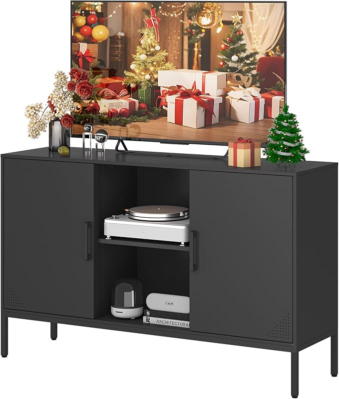 Metal TV Cabinet with Doors and Shelves Modern Metal Storage Cabinet Coffee Bar TV Stand 2 Door Locker for Office Living Room Kitchen (Black, 47.24" D x 13.78" W x 29.53" H)