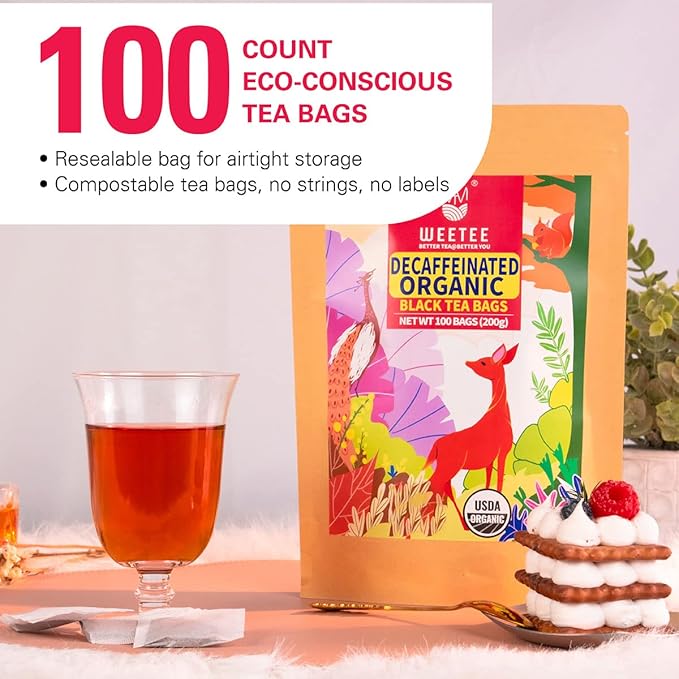 WT WEETEE Organic Decaf Black Tea Bags, Organic Black Tea 100 Count | Smooth & Mild Taste | CO2-Decaffeinated | Resealable Kraft Bag