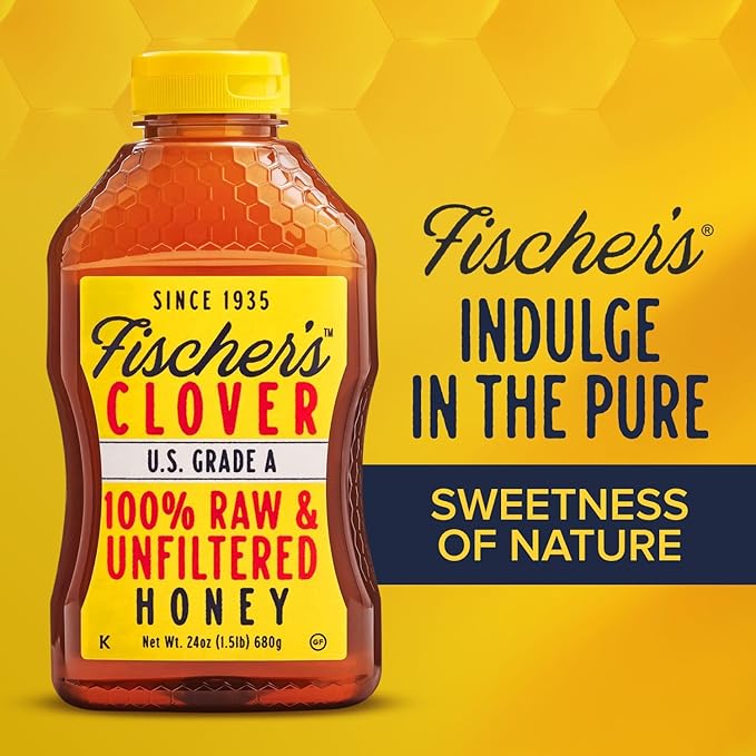Fischer's 100% Pure Clover Honey – Unfiltered Raw Honey, 24 oz Squeeze Bottle – All-Natural Sweetener – Rich Flavor Profile, Packed with Nutrients