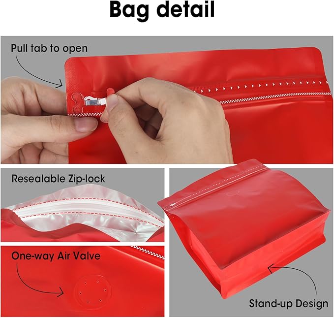 50 Count 8oz Coffee Bags with Valve,1/2 lb Vented Coffee Beans Packaging Bags High Barrier Aluminumed Foil Flat Bottom Heat Sealed Side Zipper Resealable Storage Bag for Home or Business(Red）