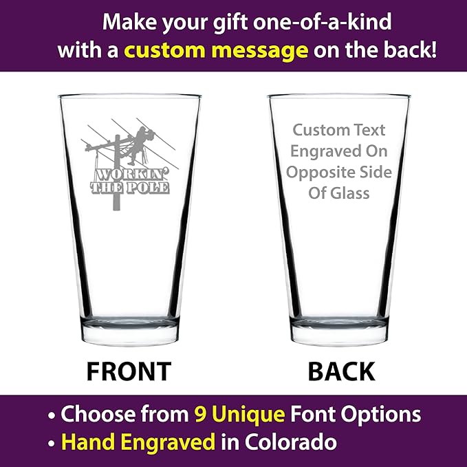 Custom Workin' the Pole - Lineman Electrician Pint Glass - Funny Electrician Gifts for Electricians - 16 Oz Pint Glasses