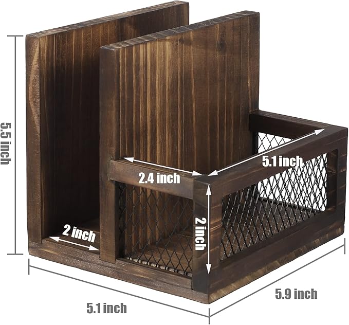 FARM IN Napkin Holder, Farmhouse Multifunctional Napkin Holder with Salt and Pepper Shakers Holder for Home Kitchen Table Centerpiece and Commercial, Rustic Solid Burnt Wood & Diamond Metal Wire Mesh